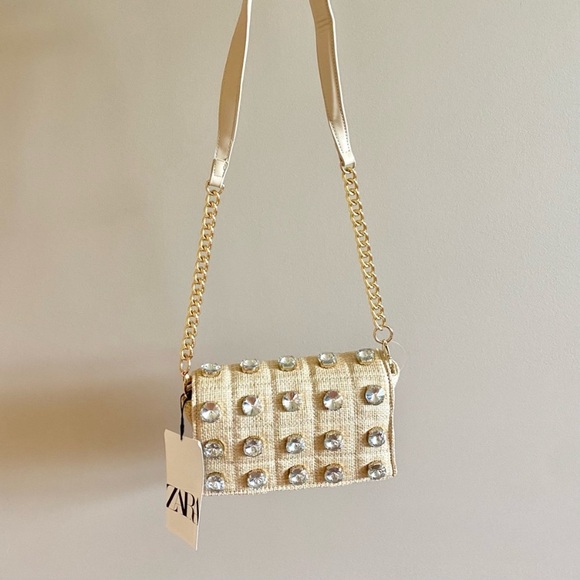 Zara cream wicker jewel embellished quilted crossbody bag - Picture 6 of 11